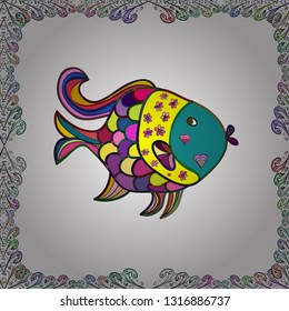Yellow, white and blue fish. Vector seamless pattern.