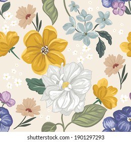 Yellow, white and blue flowers. Seamless pattern with vintage style vector hand drawn illustrations