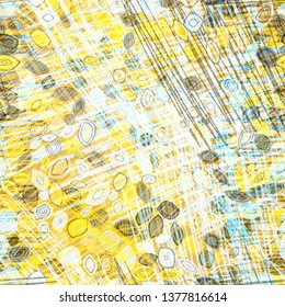 Yellow, white, blue seamless texture with stylized leaves and hatching