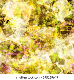 Yellow, white and brown, large and small, dark and bright squares and scratches. Abstract pattern. Seamless vector background. Grunge texture. The effect of blur and watercolors.