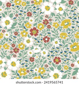 Yellow, white and brown seamless vector stock small flowers with a pattern of gently green leaves on a light background.