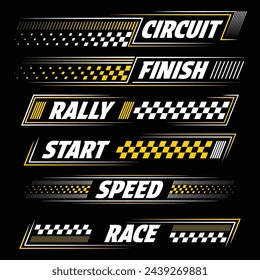 Yellow and white car and moto sports decals. Horizontal checkeres halftone designs for racing tournaments and competitions. Sample bold speed text words with linear patterns