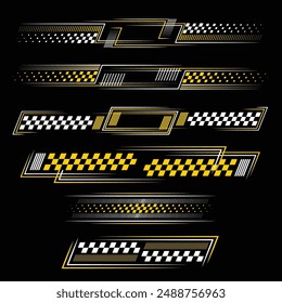 Yellow and white car and moto sports decals. Horizontal checkeres halftone designs for racing tournaments and competitions. Sample bold speed text words with linear patterns