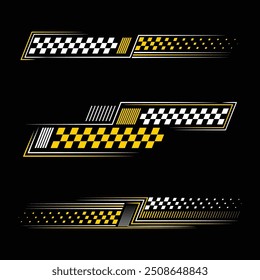 Yellow and white car and moto sports decals. Horizontal checkeres halftone designs for racing tournaments and competitions. Sample bold speed text words with linear patterns