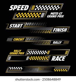 Yellow and white car and moto sports decals. Horizontal checkeres halftone designs for racing tournaments and competitions. Sample bold speed text words with linear patterns