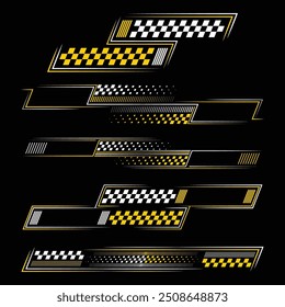 Yellow and white car and moto sports decals. Horizontal checkeres halftone designs for racing tournaments and competitions. Sample bold speed text words with linear patterns