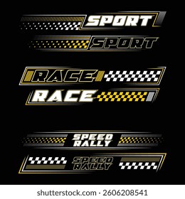 Yellow and white car and moto sports decals. Horizontal checkeres halftone designs for racing tournaments and competitions. Sample bold speed text words with linear patterns