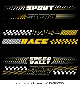 Yellow and white car and moto sports decals. Horizontal checkeres halftone designs for racing tournaments and competitions. Sample bold speed text words with linear patterns
