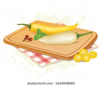 Yellow and white chilli pepper vector illustration on wooden chopping board