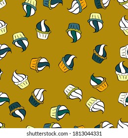 Yellow and white color. Vector illustration. Seamless pattern with sweet desserts. Endless pattern, yellow and white background. Wrapping paper. Cream.