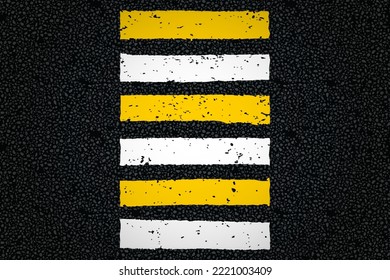 Yellow white crosswalk on tarmac road top view. Zebra traffic mark for pedestrian walk vector illustration. Background with old paint texture on asphalt surface. Roadway seamless pattern.