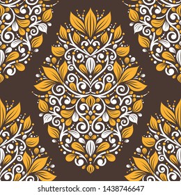 Yellow, white and dark brown damask seamless pattern. Vintage vector background template, luxury elements. Great for fabric, invitation, wallpaper, decoration, packaging or any desired idea.