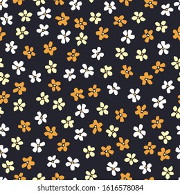 Yellow and White Ditsy Allover Artistic Floral Vector Seamless Pattern. Simplistic Small Hand Drawn White Yellow Daisies, Scattered Abstract Blooms on Black Background. Minimal Stylized Flowers Print.
