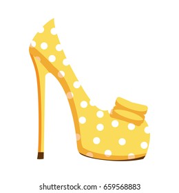Yellow with white dots and bow pump shoe on high heel isolated on white background. Vector illustration of bright women shoes for fresh look. Fashionable shoes with high heels for summer season.