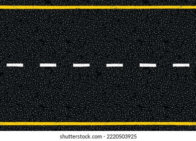 Yellow and white dotted highway traffic marks lines on tarmac road top view. Vector illustration. Background with old paint texture on asphalt surface. Roadway seamless pattern. Urban driveway