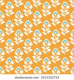 A yellow and white floral pattern with blue flowers. The flowers are arranged in a way that creates a sense of movement and flow. Scene is cheerful and uplifting, as the bright colors