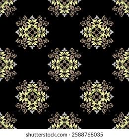 Yellow and white flower damask seamless pattern with decorative elements. Design for wallpaper, pattern fills, web page background, carpets, sarees, curtains, tiles, and pottery.