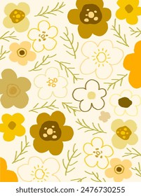Yellow white flowers and leaves patterns on white background for web banner, branding package, fabric print, wallpaper, social media post, doodle, notes, book covers, wall decor.