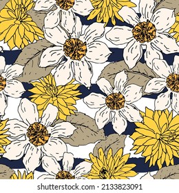 Yellow and white flowers, leaves, striped background. Retro floral illustration. Vector seamless pattern. Botanical design. Summer plants. Vintage fabric