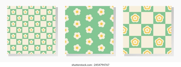 Yellow and white flowers on green checkered background. Vector seamless patterns collection in soft retro pastel colors.