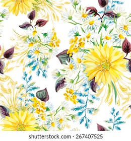 Yellow and white flowers with violet leaves and floral elements on the white background. Watercolor seamless pattern with summer flowers. Gerbera and daisies.