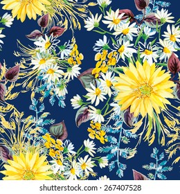 Yellow and white flowers with violet leaves and floral elements on the dark blue background. Watercolor seamless pattern with summer flowers. Gerbera and daisies.