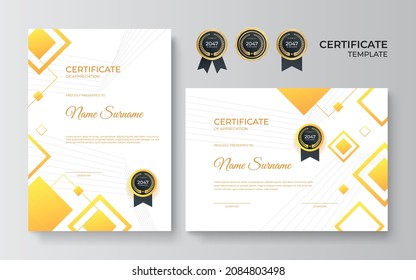 Yellow white and gold certificate of achievement template with gold badge and border. Premium luxury minimal certificate template design.