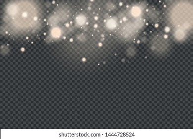 Yellow White Gold Light abstract glowing bokeh lights effect isolated on transparent background. Festive purple and golden luminous background. Christmas concept. Blurred light frame. Vector