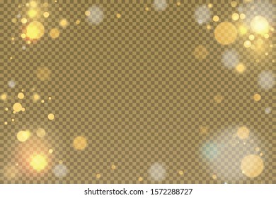 Yellow White Gold Light abstract glowing bokeh lights effect isolated on transparent background. Festive purple and golden luminous background. Christmas concept. Blurred light frame. Vector