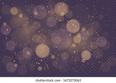 Yellow White Gold Light abstract glowing bokeh lights effect isolated on transparent background. Festive purple and golden luminous background. Christmas concept. Blurred light frame. Vector 
