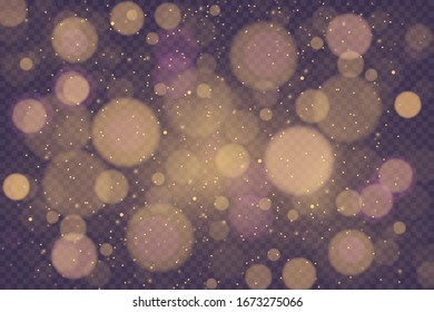Yellow White Gold Light abstract glowing bokeh lights effect isolated on transparent background. Festive purple and golden luminous background. Christmas concept. Blurred light frame. Vector 