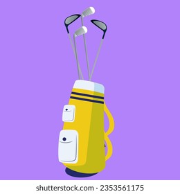Yellow and white golf bag full of clubs, golfer sport equipment vector Illustration