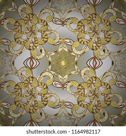 Yellow, white and gray backdrop with gold trim. Ornamental element woodcarving. Luxury furniture. Pattern on yellow, gray colors with golden elements. Patina. Carving. Furniture in classic style.