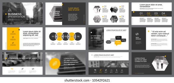 Yellow, white and grey infographic design elements for presentation slide templates. Business and management concept can be used for corporate report, advertising, brochure layout and banner design.