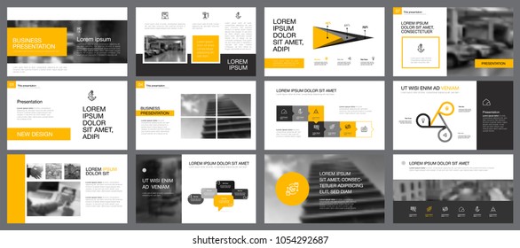 Yellow, white and grey infographic design elements for presentation slide templates. Business and management concept can be used for corporate report, advertising, brochure layout and banner design.