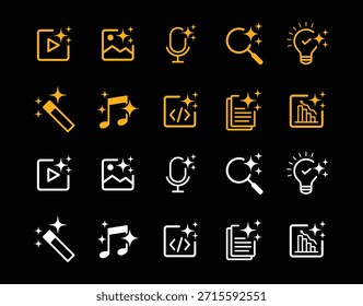 Yellow and White Icon Set for Digital Content Creation Isolated On Black Background