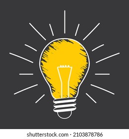 Yellow and white lightbulb drawn with chalk on a blackboard. Vector icon. Creativity inspiration or business solution illustration.