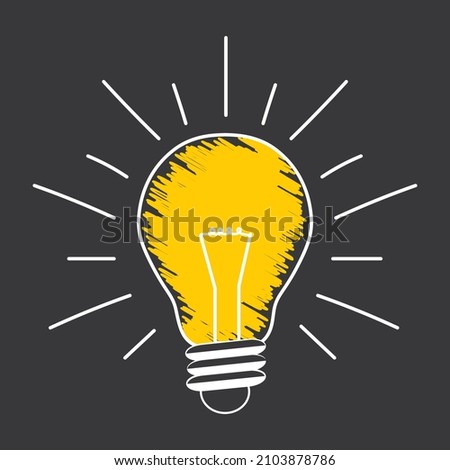 Yellow and white lightbulb drawn with chalk on a blackboard. Vector icon. Creativity inspiration or business solution illustration.
