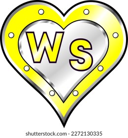 Corazón metálico amarillo y blanco con letras iniciales W y S, brillante ilustración vectorial, amor asombroso, pasión y vector de felicidad, ilustración para pareja valentina. ¡Dios es bueno!