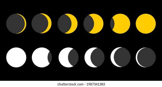 Yellow and white moon different phases on dark blue background flat vector icon.