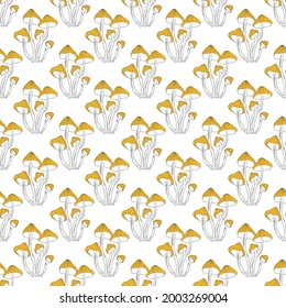 Yellow and white mushrooms seamless pattern isolated on white background. Hand drawing food vector illustration.