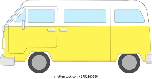 Yellow and white retro camper van isolated on white background. Colorful illustration. 