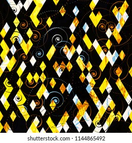 Yellow, white rhombus and spirals on dark backdrop. Geometric seamless texture. Abstract vector background for web page, banners backdrop, fabric, home decor, wrapping
