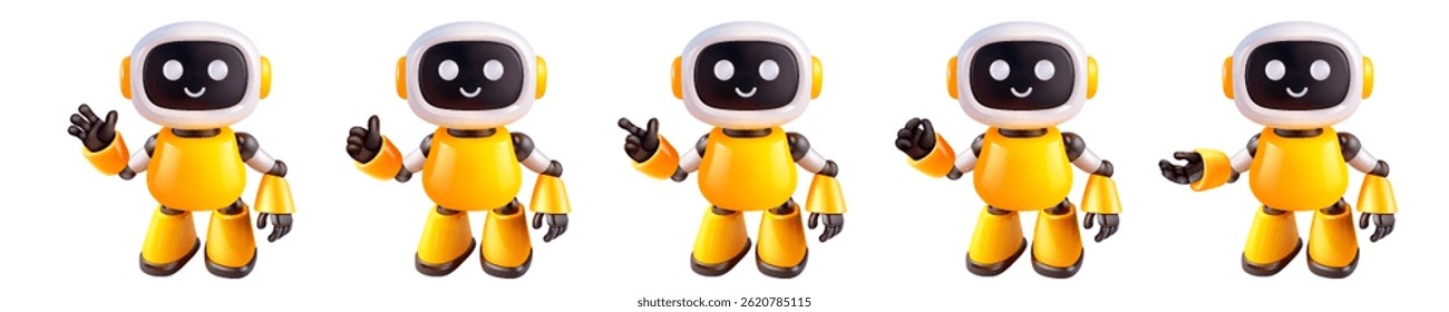 Yellow and white robots in various poses on a white background