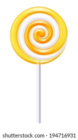 Yellow and white round spiral candy. Lemon or orange lollipop.