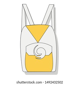 Yellow and white school backpack. Backpack for school supplies, notebooks, pencils, pens, rulers, scissors, paper. Education and study back to school, schoolbag luggage, vector illustration