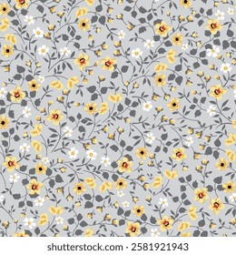 yellow and white seamless floral vector small flowers with leaves pattern on grey background