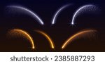 Yellow and white shooting star trails on transparent background. Vector realistic illustration of firework arc tails with shimmering particles, festive sparkling beams, magic power twinkle effect