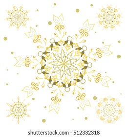 Yellow and white simple Christmas set - five varied Xmas snowflakes with dots. Happy New Year winter background. Vector design for textile, wallpaper, fabric, wrapping paper.