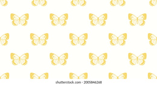 Gelb-weiß, Sommerschmetterlingsmuster. Schmetterling, nahtlose Wiederholmuster-Design, Vektorhintergrund, süßer, gürtlicher Hintergrund.